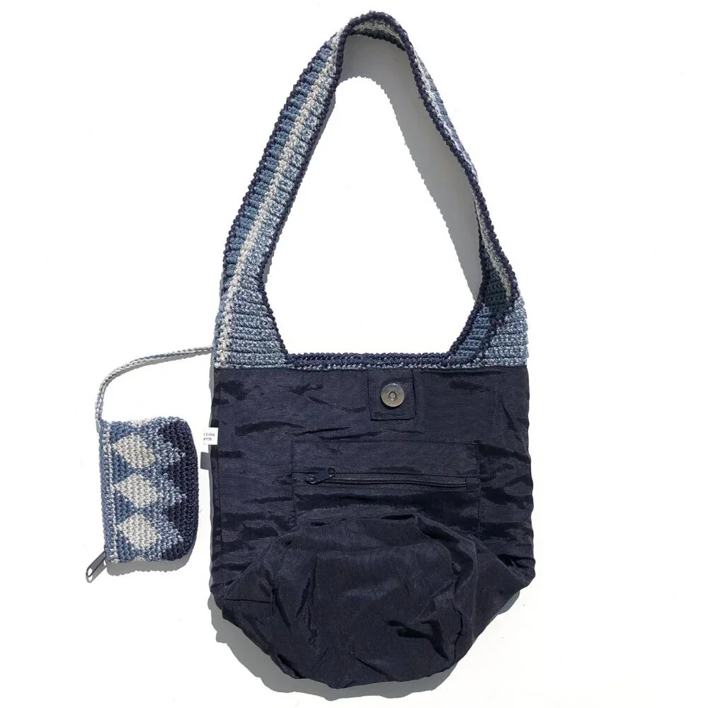 crochet hobo bag bucket bag boho shoulder bag navy blue gray purse festival